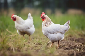 Naklejka na ściany i meble Happy chickens roaming free on farm meadow. Farm animal welfare and care. Generative Ai