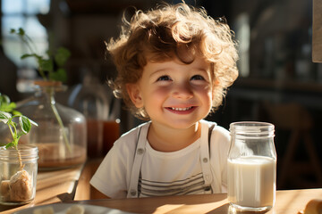 little child with milk - obrazy, fototapety, plakaty