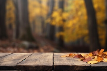 Naklejka na ściany i meble Autumn or fall seasonal mockup background for product placement with empty wooden boards. Generative AI