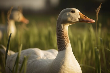 Obraz premium Happy goose roaming free on farm meadow. Farm animal welfare and care. Generative Ai