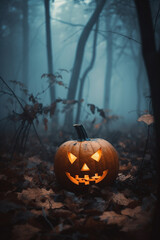 Naklejka premium Spooky jack-o-lantern pumpkin glowing in misty forest. Halloween background. Generative AI