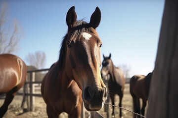 Happy horses roaming free on farm meadow. Farm animal welfare and care. Generative Ai