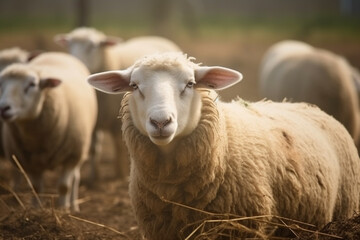 Obraz na płótnie Canvas Happy sheep roaming free on farm meadow . Farm animal welfare and care. Generative Ai