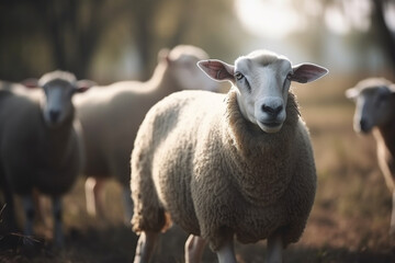 Obraz premium Happy sheep roaming free on farm meadow . Farm animal welfare and care. Generative Ai