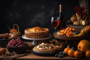 Obraz na płótnie Canvas Thanksgiving festive pie on wooden table. generative Ai