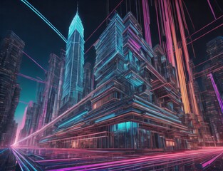 Fototapeta na wymiar Visual depiction of abstract building designs and light trails, reflecting concepts related to the dynamism in current technologies and commercial operations. Created with generative AI tools