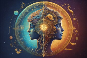 blend of Zodiac symbols, human heads, abstract elements, resonating with concepts of astrology, fortune telling, horoscopes, destiny, and interpersonal connections. Created with generative AI tools