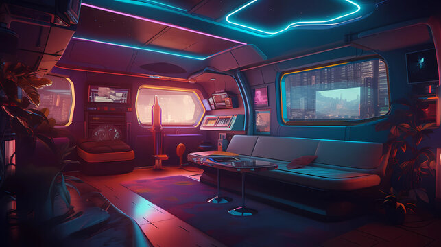 The interior is a throwback to the retro sci-fi aesthetics of the 1960s, with bold colors and space-age designs. 