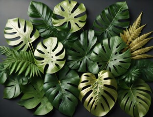 Tropical green leaves foliage plants bush, Monstera, fern and Eucalyptus leaves with gold glitter particles, floral arrangement bunch. Created with generative AI tools