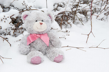 Gray teddy bear with a bow around his neck on white snow in winter