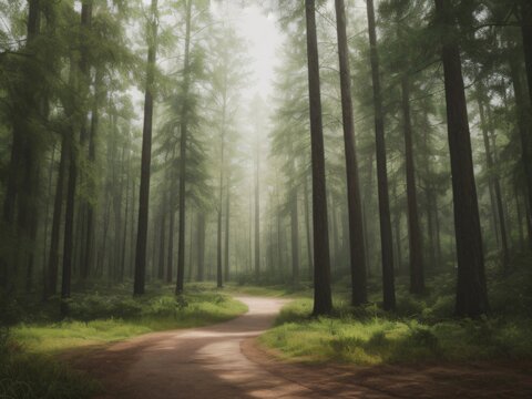 A photograph featuring a dirt track in a forested landscape enveloped in mist. Created with generative AI tools