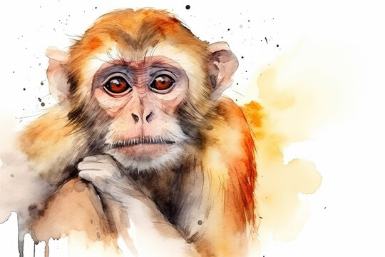 Watercolor monkey portrait illustration on white background