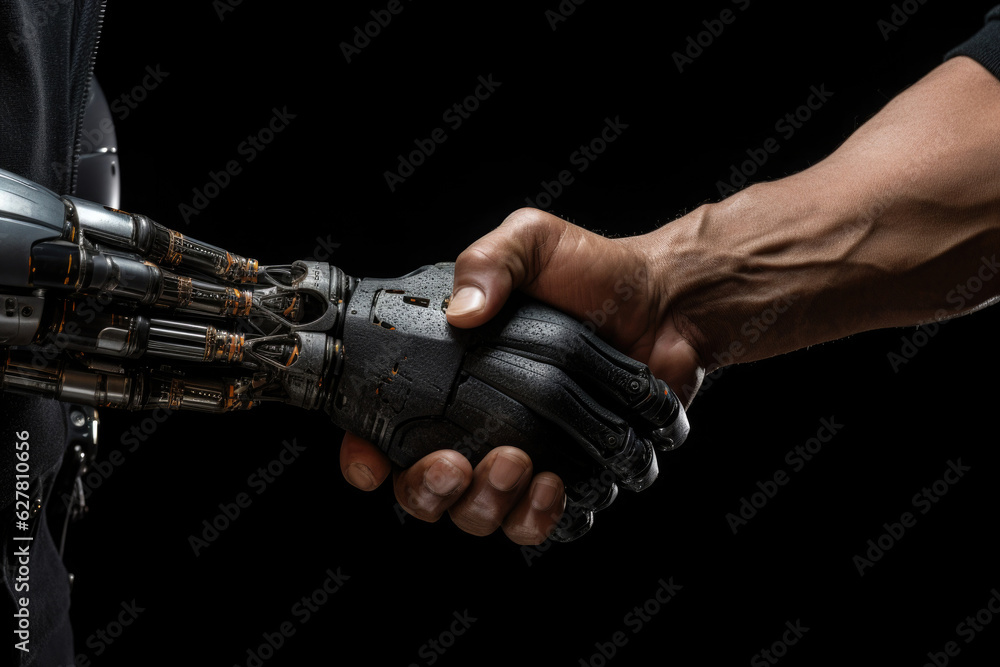 Poster Robotic and human arms interact with each other. Handshake between human and artificial intelligence. Friendship and partnership of mankind and machines