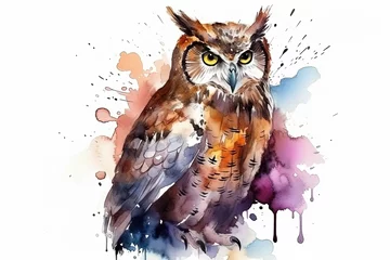 Gordijnen Watercolor owl illustration on white background © Artem