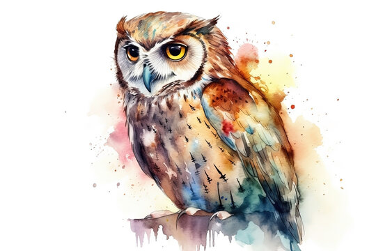 Watercolor owl illustration on white background