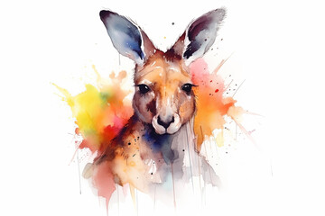 Watercolor kangaroo portrait illustration on white background