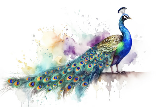 Watercolor peacock illustration on white background