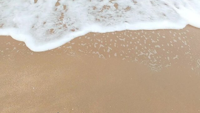 Foam white from the sea surf on a sandy beach close-up
