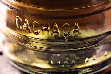 Detail of a bottle of cachaça, a typical Brazilian drink. Brazilian product for export, distilled...