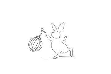 A happy rabbit playing lantern. Mid-autumn one-line drawing