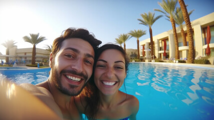 a young adult couple, man and woman, swimwear, in the water, in the swimming pool, take his selfie photo, on tropical vacation in resort or villa or hotel, fictional place, fun and joy