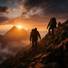 Silhouette of a mountaineer in the mountains at sunset