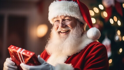 happy santa claus with a christmas present in hand, proud and contemplative, hands out presents by putting them under the christmas tree, smiling