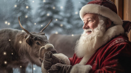 the embarrassed or amazed or shocked santa claus is sitting at home, it's snowing, fir trees are covered with snow, long white beard and santa claus suit, deer outside, smiling tensely