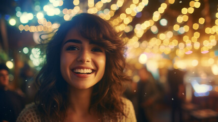 Fototapeta premium young adult woman at tropical party in bar or club on summer vacation, tourists and tourism, joyful smile, beach, fictional place, 20s, smiling