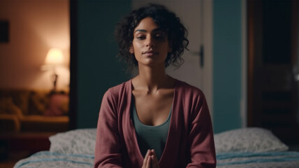 young adult woman sitting on bed at home in the morning, relaxed, meditating or praying, a good day to sum up, well prepared for the next day, caucasian, 30s, brunette, comfortable