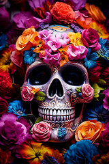Day of the Dead sugar skull with colorful flowers and leaves background. selective focus.  