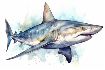 Watercolor shark illustration on white background