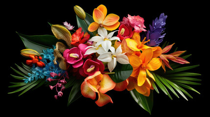 Tropical Blossoms: Lifelike Bouquet with Delicate Petals and Rich Colors on Black Background Created with Generative AI	
