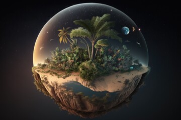 Fantasy planet with palm trees and moon