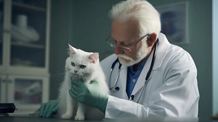 veterinarian holding cat making her ready for vaccination. 