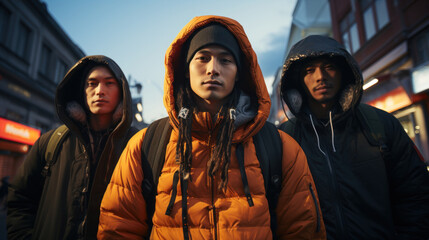Group of three asian sub culture people walking in the city. Asia rap band.