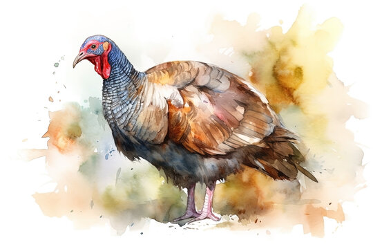 Watercolor turkey illustration on white background