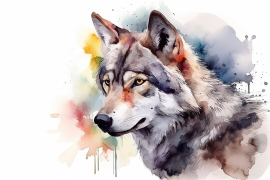 Watercolor wolf portrait illustration on white background