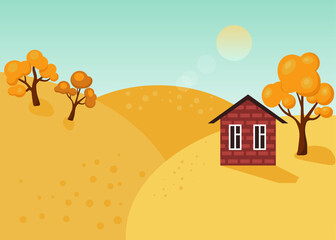 autumn forest landscape with red brick house and orange trees - vector illustration