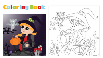 Fototapeta premium Coloring for children. Coloring for children and adults. A little witch rides in a wheelchair among the forest, branches and mushrooms with a basket. Halloween coloring pages.