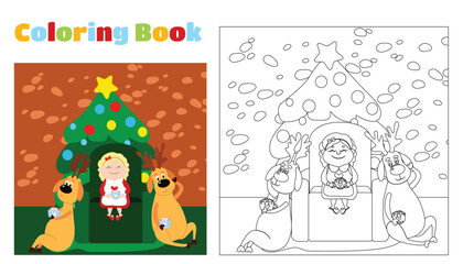 Christmas coloring book for children and adults. A feeling of celebration and fun. Mrs. Santa Claus and three deer sitting on a chair near a decorated Christmas tree. Cartoon characters.
