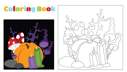 Coloring for children and adults.Vector Halloween collage. Pumpkin and mushrooms toadstool and amanita and ritual candles and branches on a black background. Mystical atmosphere in a cartoon style.