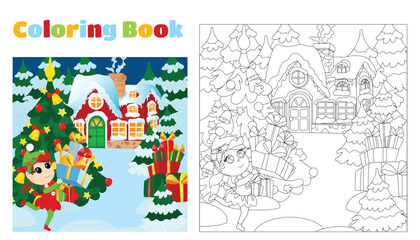 A little elf carries gifts in front of Santa Claus' house. Christmas coloring for children. Vertical square coloring page.