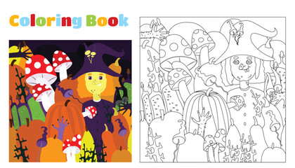 Coloring for children and adults. Coloring for children and adults. A funny witch among taverns, bottles with potions or poison, mushrooms, branches. Halloween coloring pages.