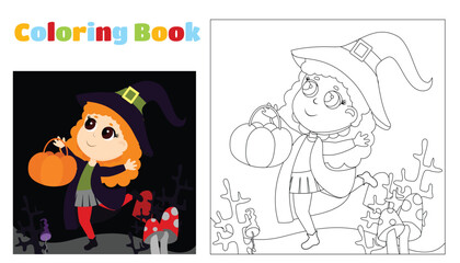 Coloring for children. A little witch runs among the forest, branches and mushrooms with a basket in the shape of a candy bar. Halloween coloring pages.