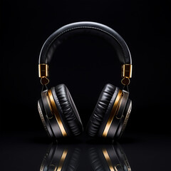 Fototapeta na wymiar black headphones with gold accents on black background