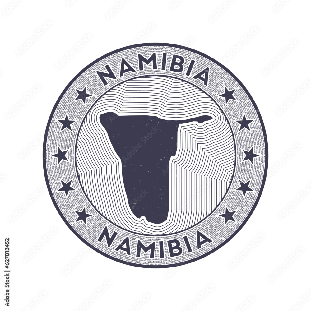 Poster namibia round badge vector. country round stamp with shape of namibia, isolines and circular country