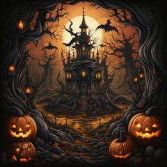 









Halloween celebration concept Haunted house Halloween background with deserted buildings and pumpkins generated by Ai