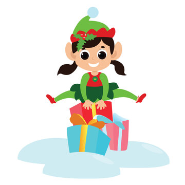 Little elf girl jumps over gift boxes. The child is happy and dressed in a traditional elf costume. She has a cute face and happy eyes. Festive illustration in cartoon style.