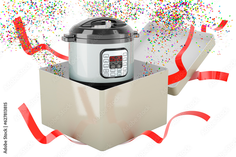 Poster automatic multicooker inside gift box. 3d rendering